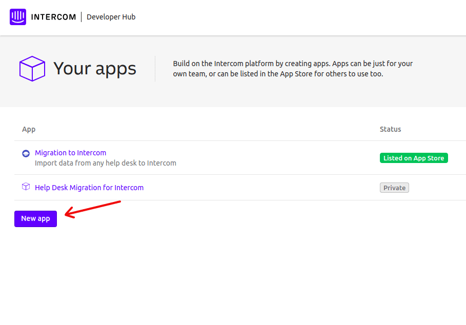 Creating new app in Intercom