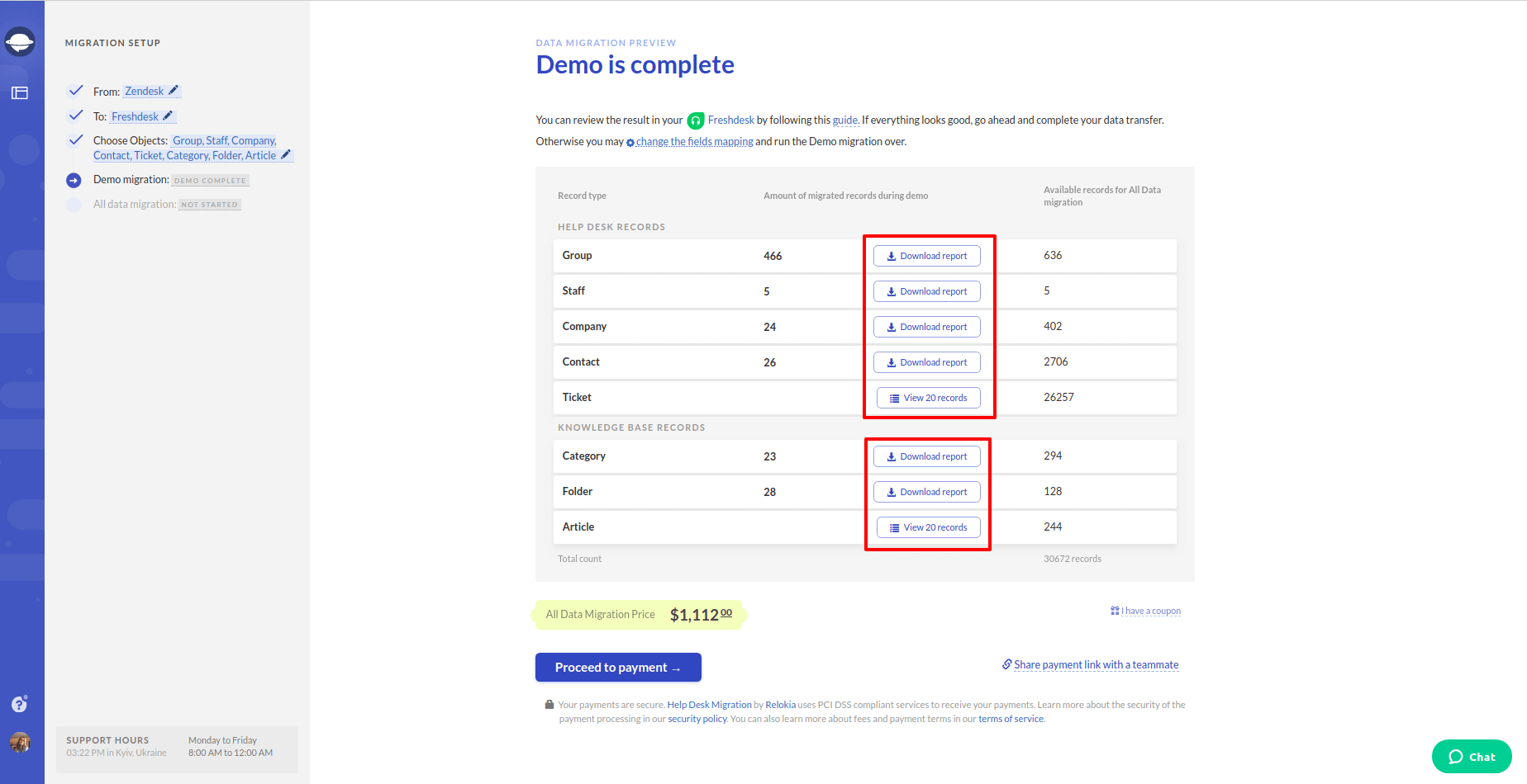 how to check the results of demo migration in freshdesk