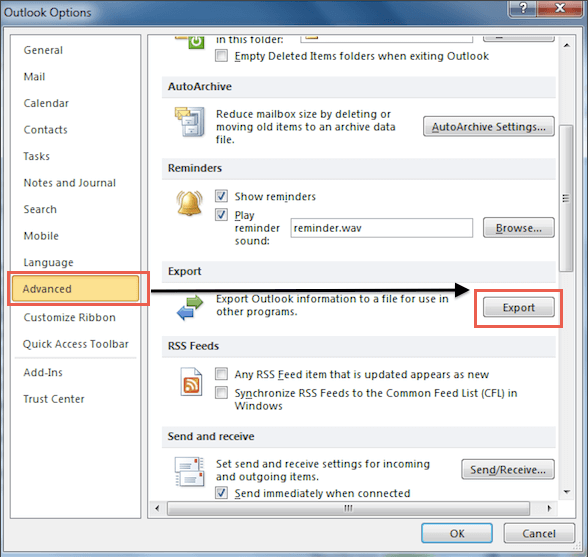 outlook advanced options