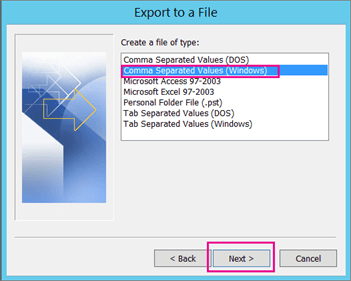 outlook exporting to a file
