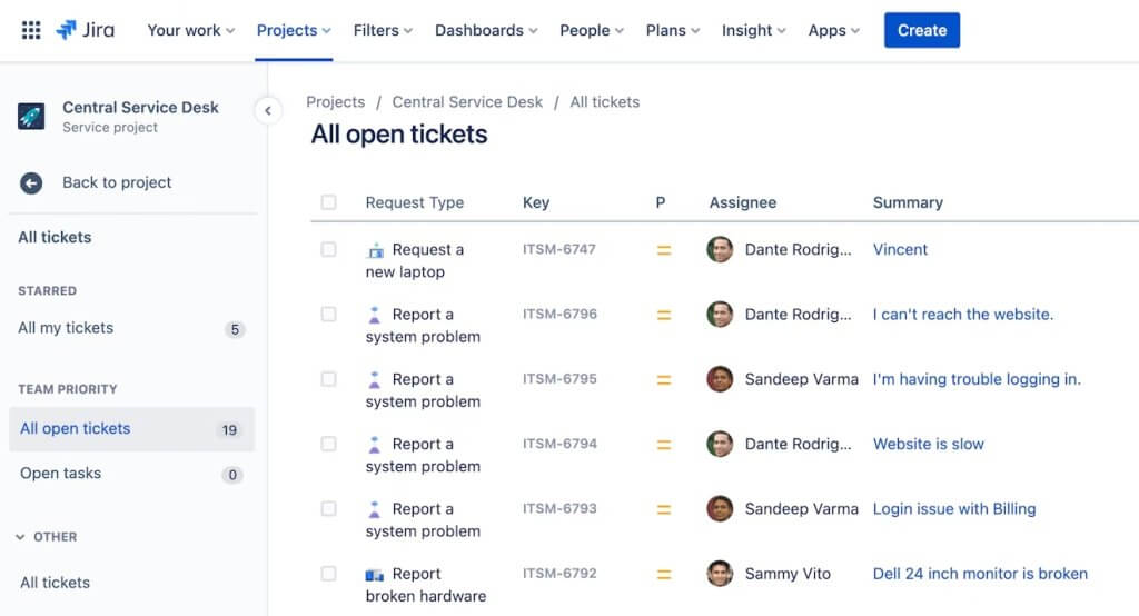 Page des Problèmes de Jira Service Management