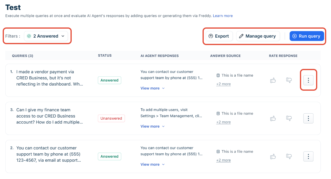 Freddy AI test interface in AI Agent Studio showing query input and response with article source cited