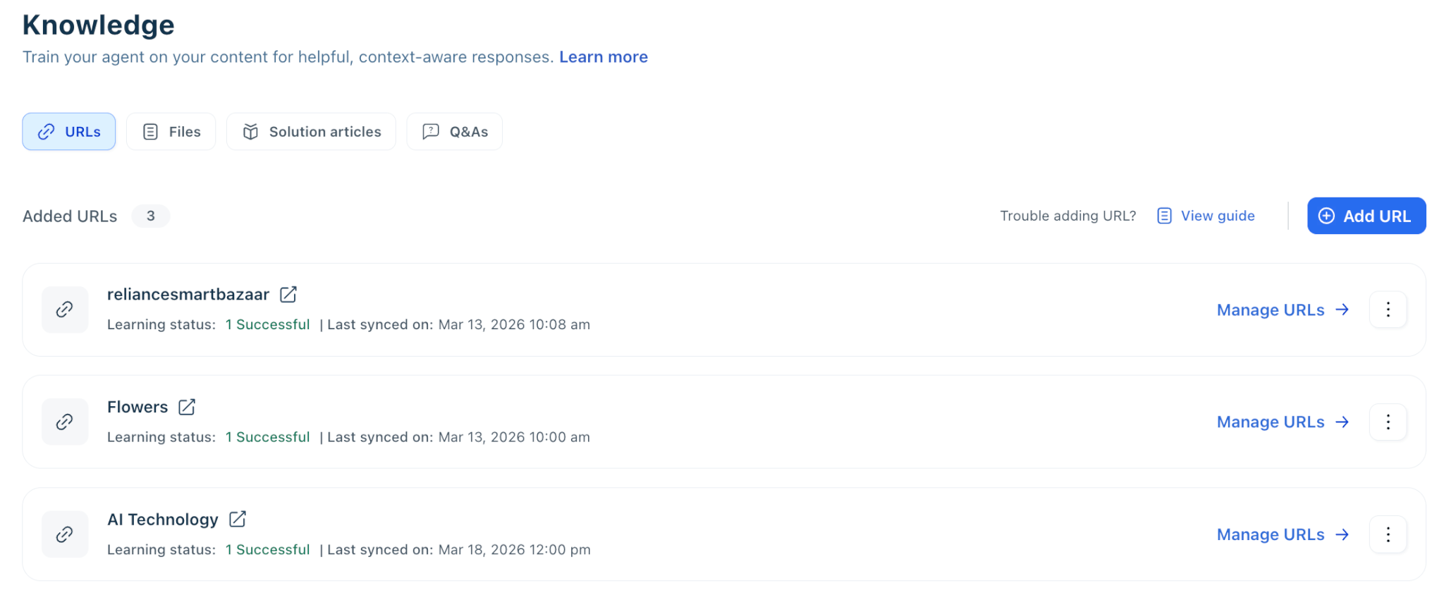 Freshdesk AI Agent Studio knowledge sources panel showing solution articles custom QAs files URLs connected