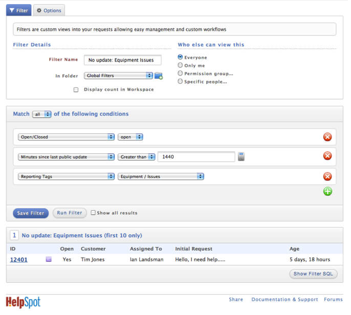 HelpSpot filtering