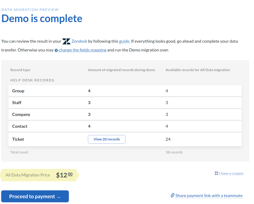 Demo preview for OTRS to Zendesk data migration