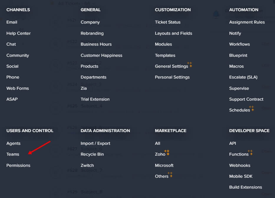 Teams section in Zoho Desk