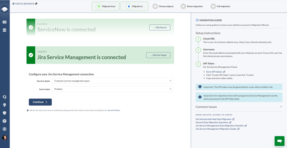 Connect ServiceNow as a Source to Jira Service Management as a Target