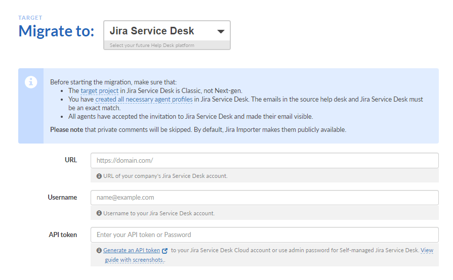 Connect Jira Service Desk as target platform