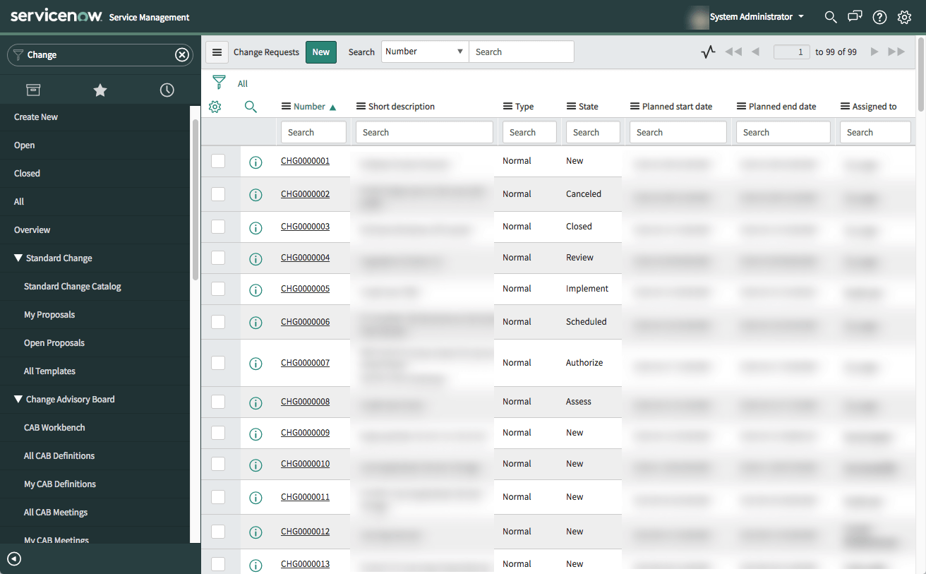 servicenow user interface screenshot