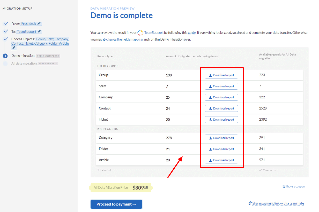 how to check demo migration results in teamsupport