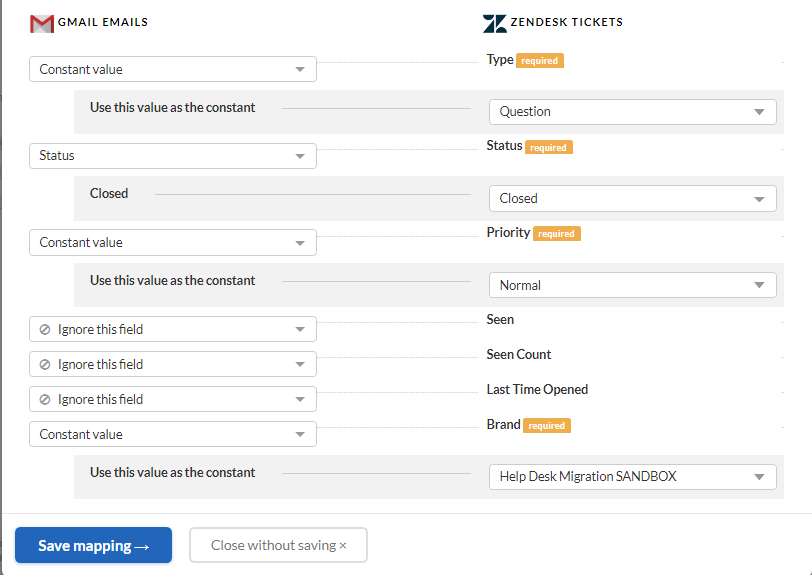 Gmail to Zendesk mapping