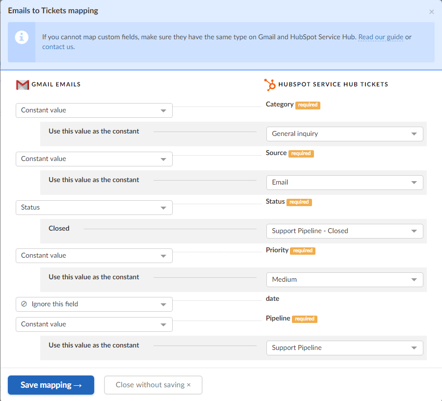 Gmail to HubSpot ticket fields mapping