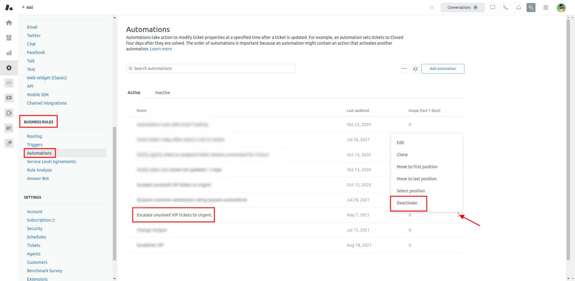 Deactivating automations on Zendesk