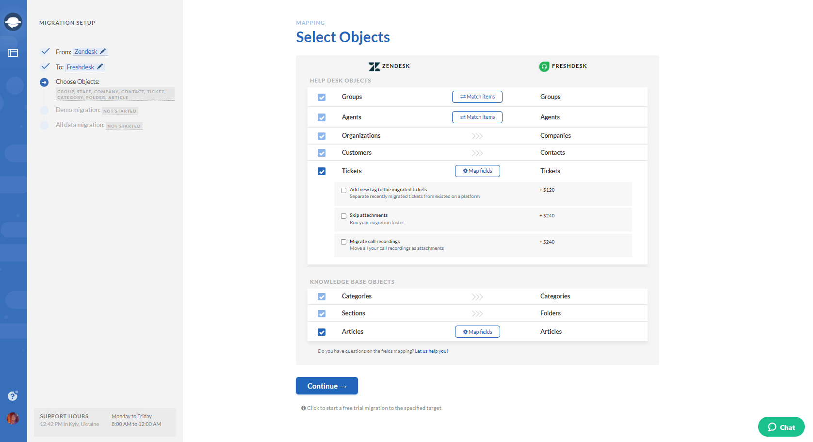 Correspondance des données de Zendesk vers Freshdesk