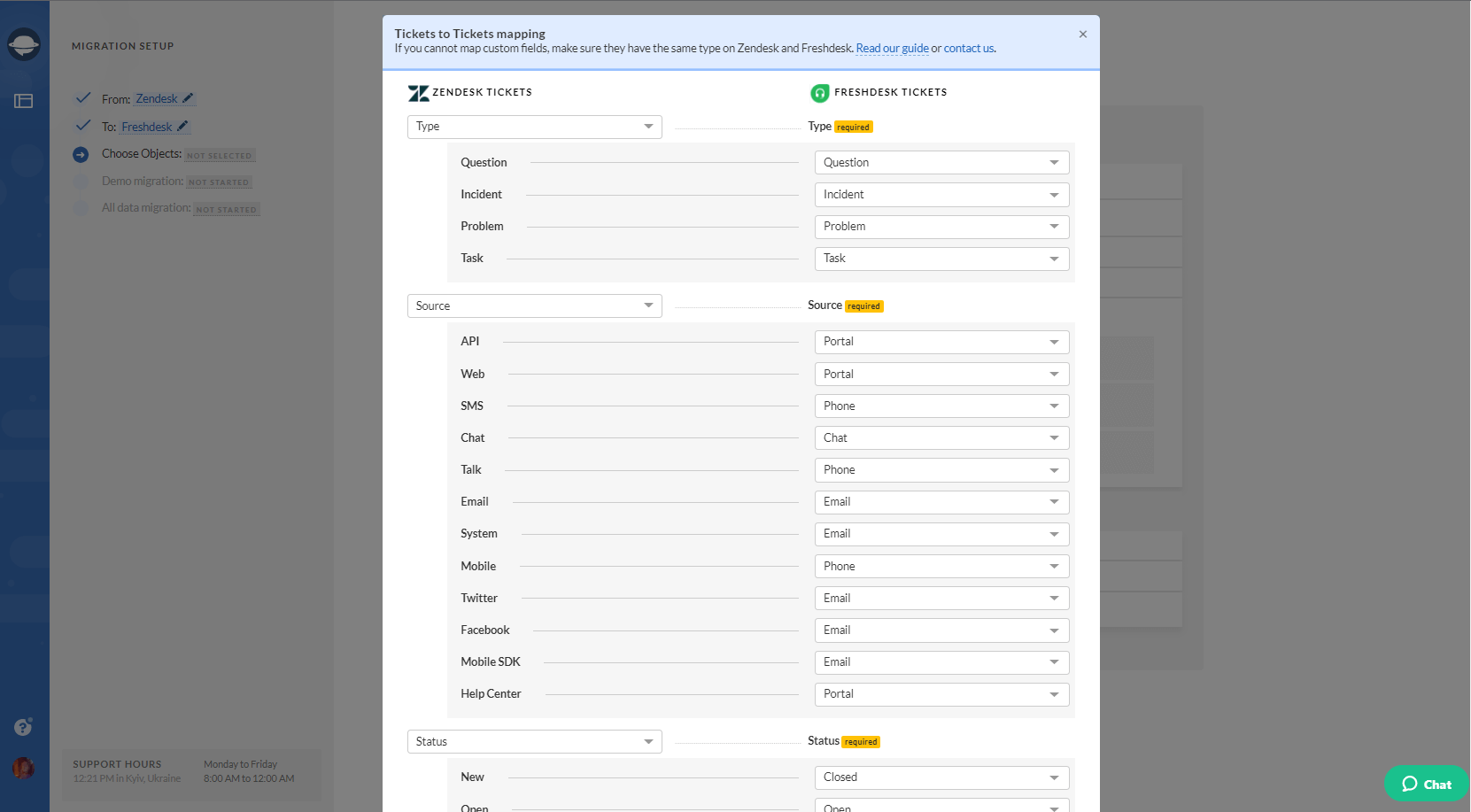 Correspondance des champs de ticket Zendesk vers Freshdesk