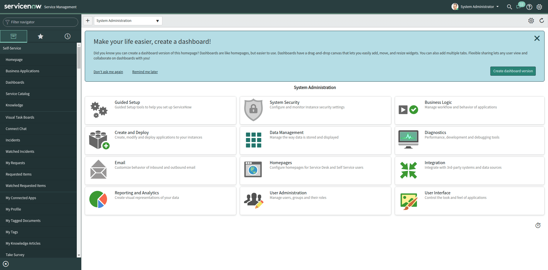 servicenow dashboard screenshot