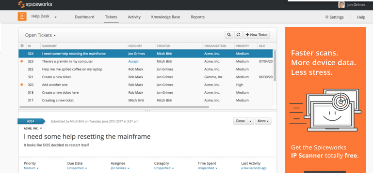 Interface do Spiceworks Cloud