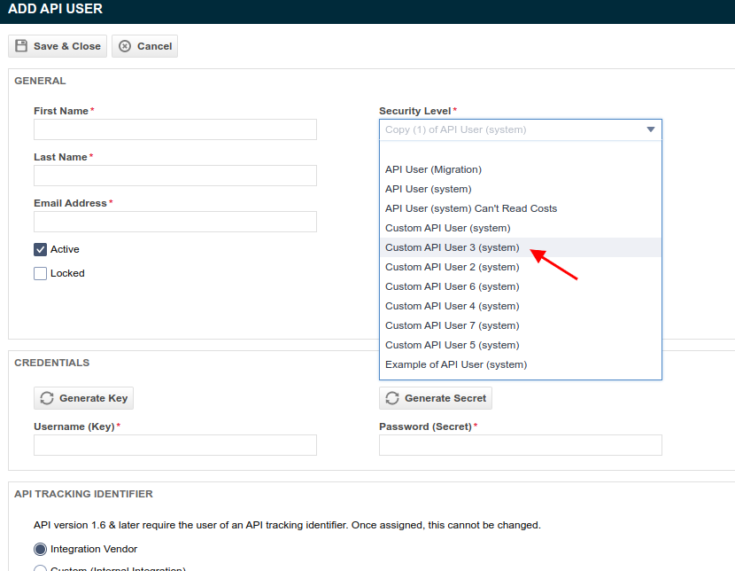 Select Security Level for API User in Autotask