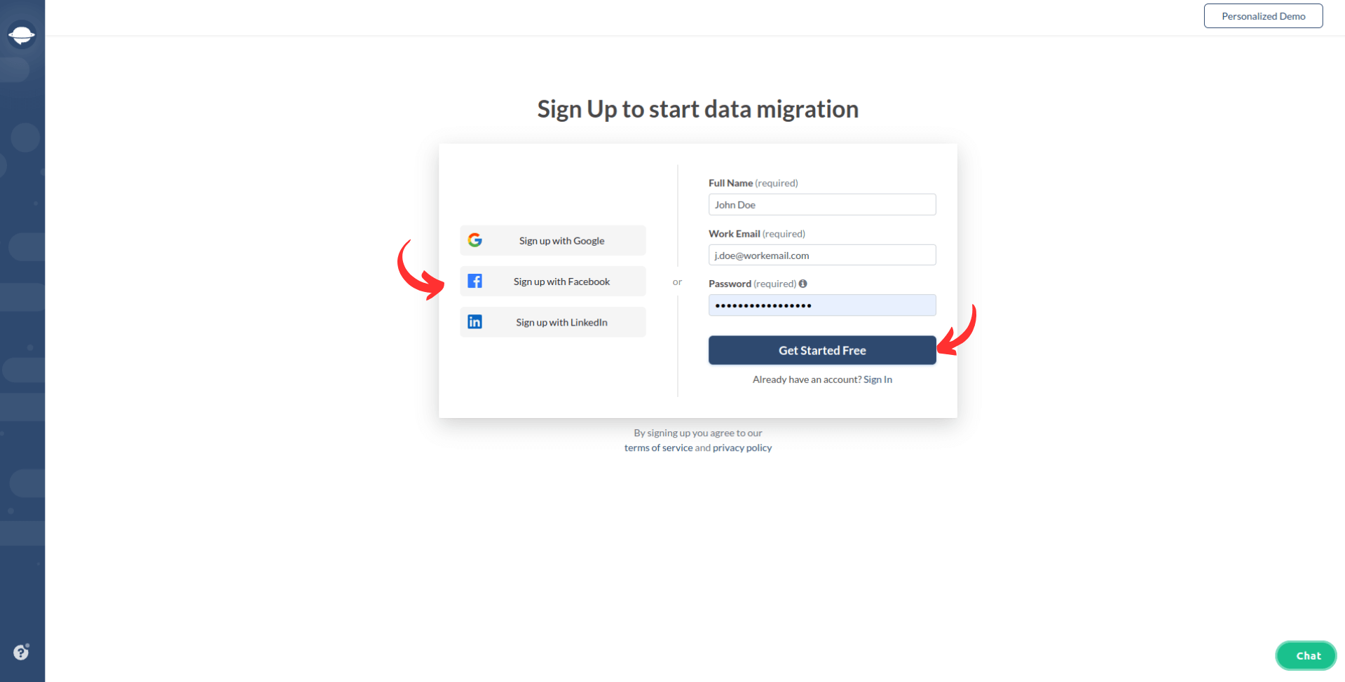 Migration Wizard - Sign Up Options