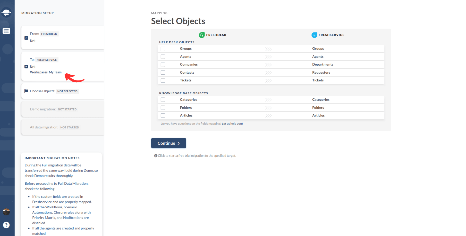 Freshdesk to Freshservice_Select Objects_Workspace