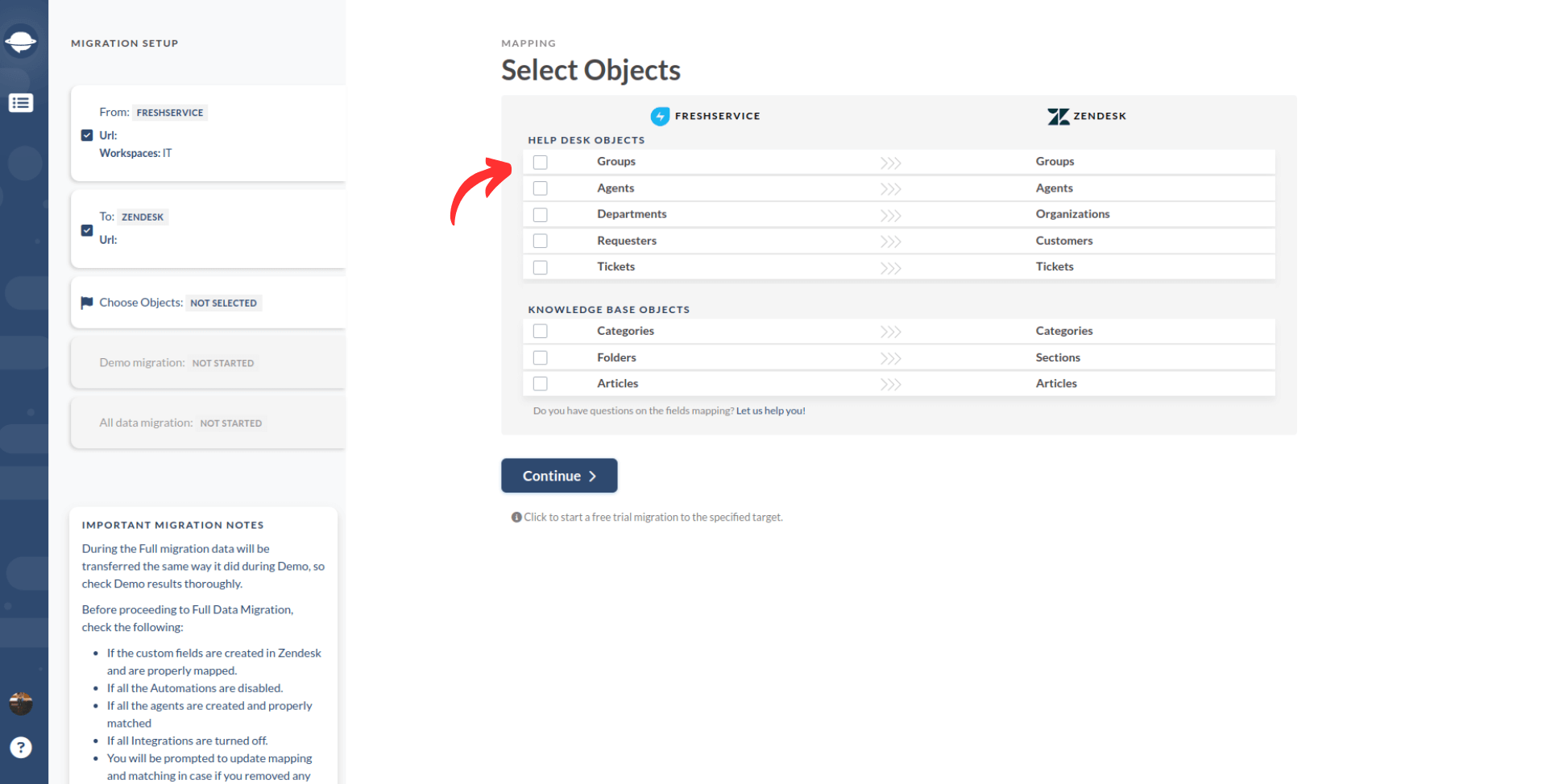 Freshservice to Zendesk_Select Objects and Map