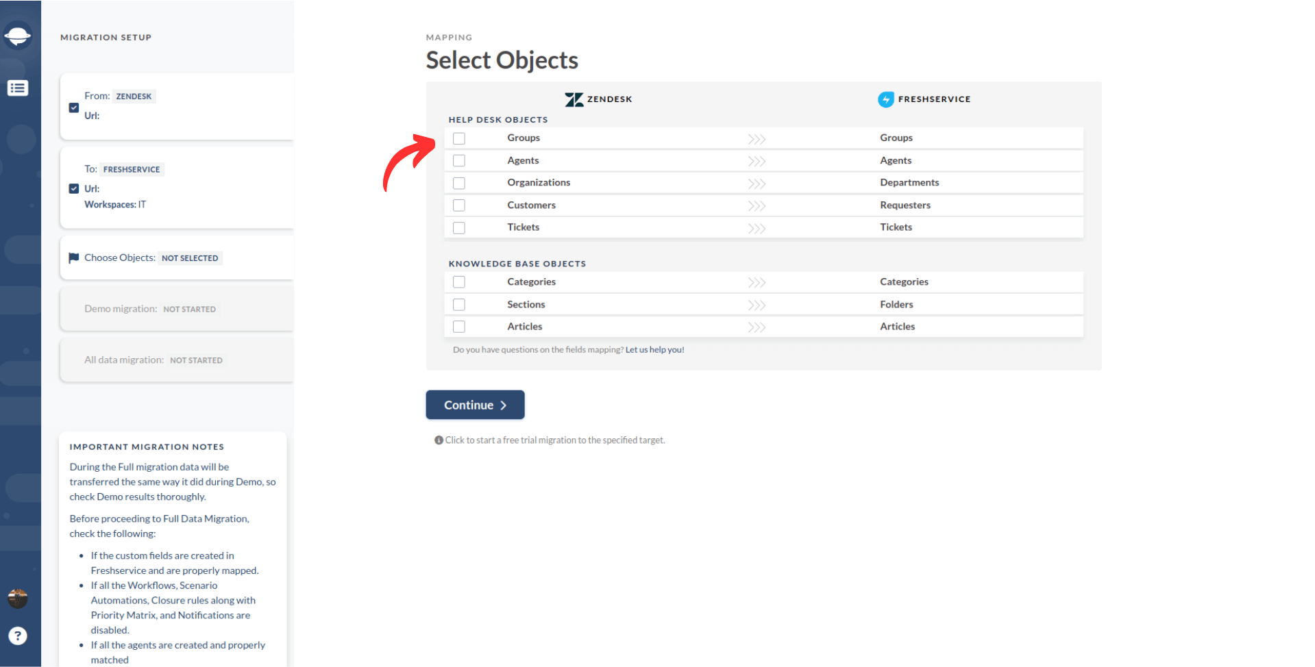 Zendesk to Freshservice_Select Objects_Workspace
