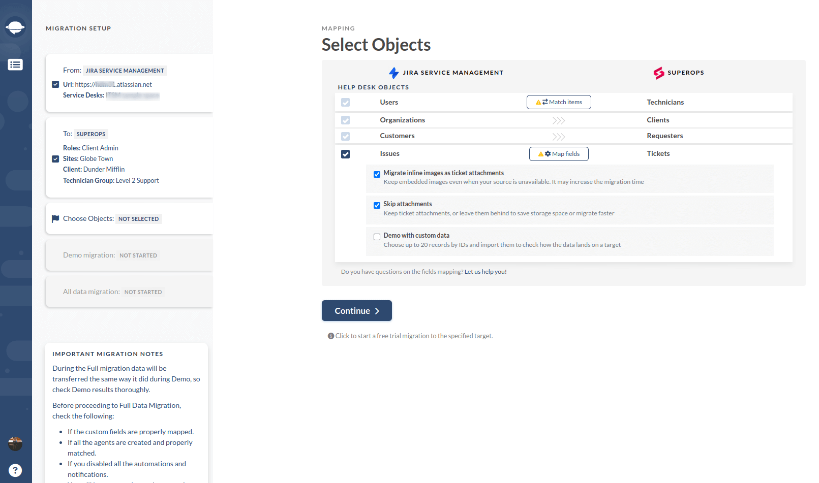 SuperOps Migration Guide - Migration Wizard - Select object with checked data