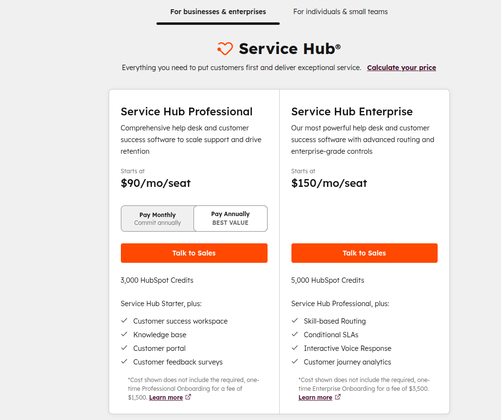 HubSpot Service Hub pricing