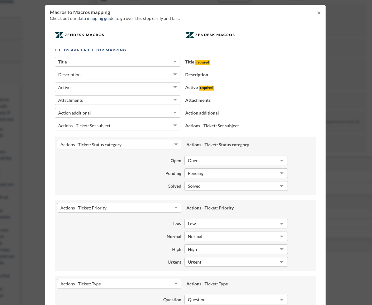 Help Desk Migration - Select Migration Objects - Macros to Macros Mapping