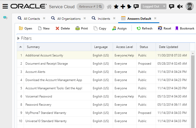 Interface do Oracle Service Cloud