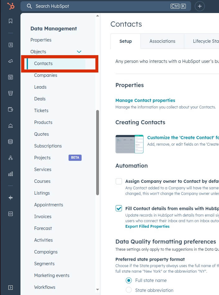 Contacts menu HubSpot