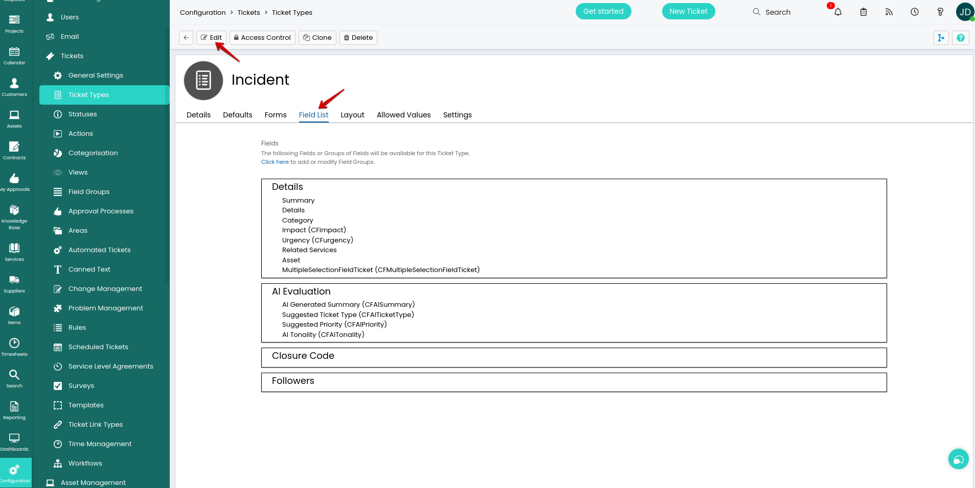 Halo ITSM - Tickettypen bearbeiten