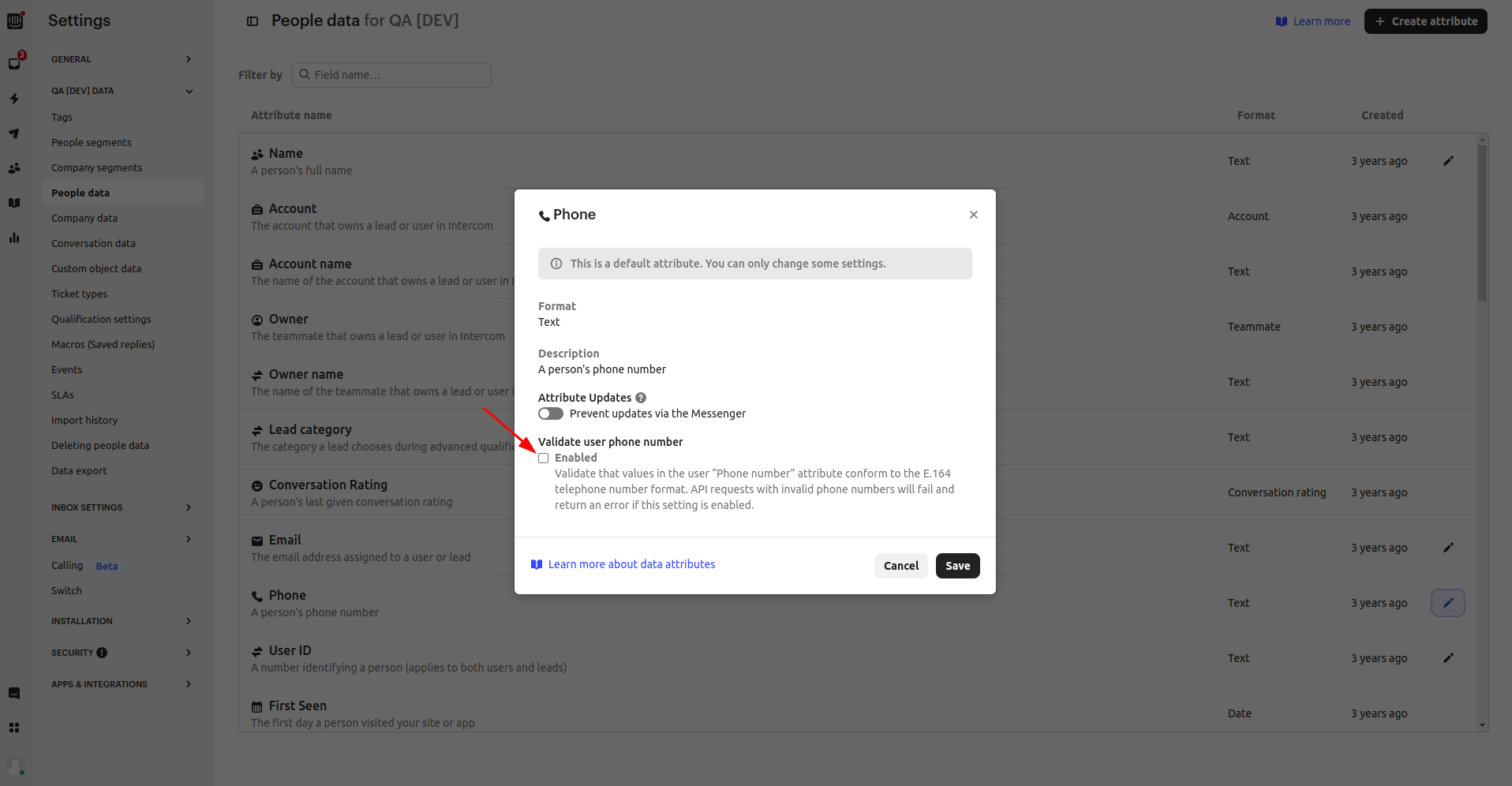 Intercom Migration Disable the Validation of Phone Numbers