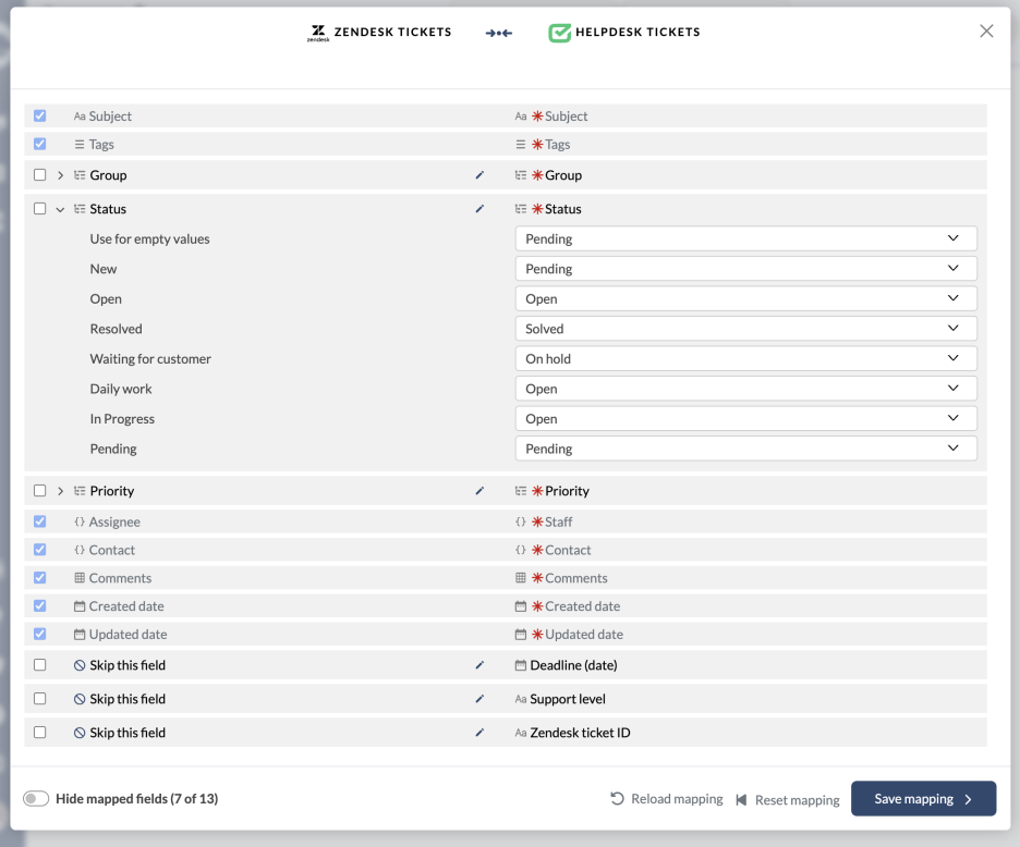 Ticket fields mapping