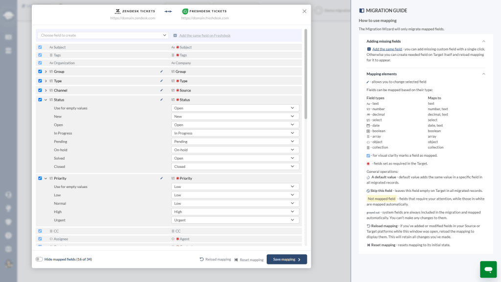 Mapeo de campos de tickets para Freshdesk Mapeo de campos de tickets para Freshdesk