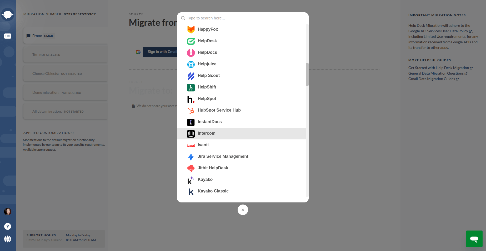 Migration Wizard - Select Source Select the platform