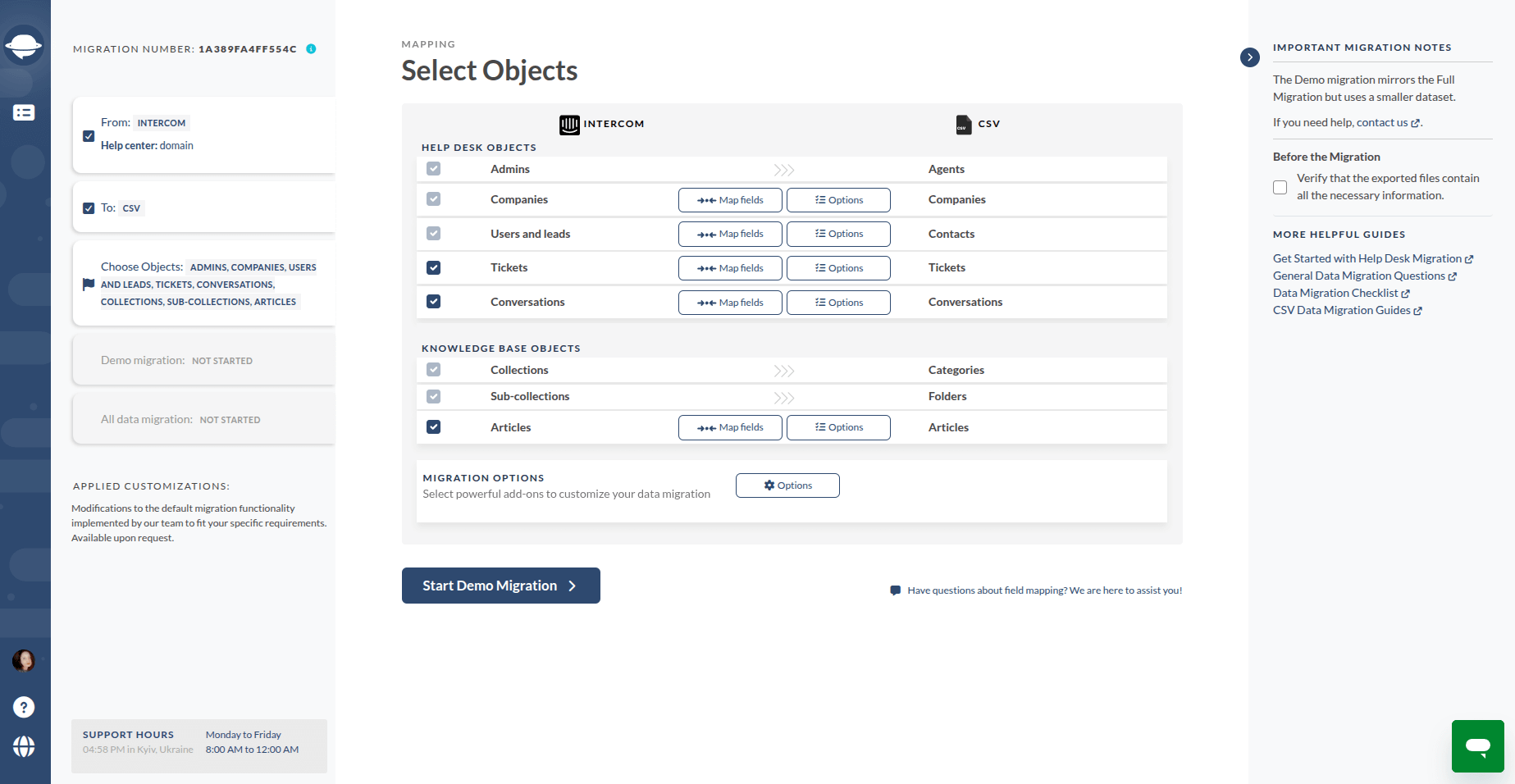Select Data CSV Fields mapping - Migration Wizard