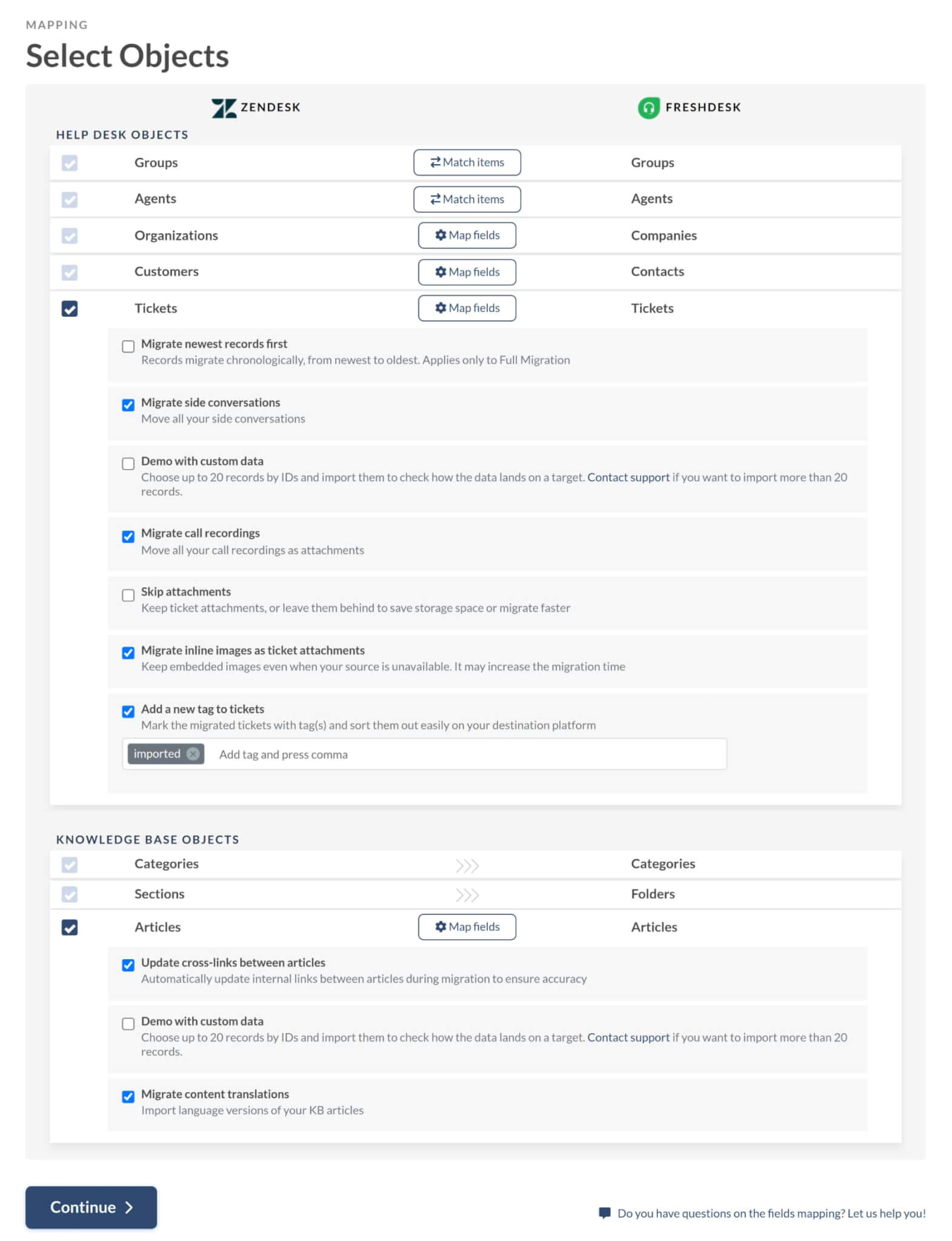 Freshdesk Datenimport - die vorgefertigten Optionen