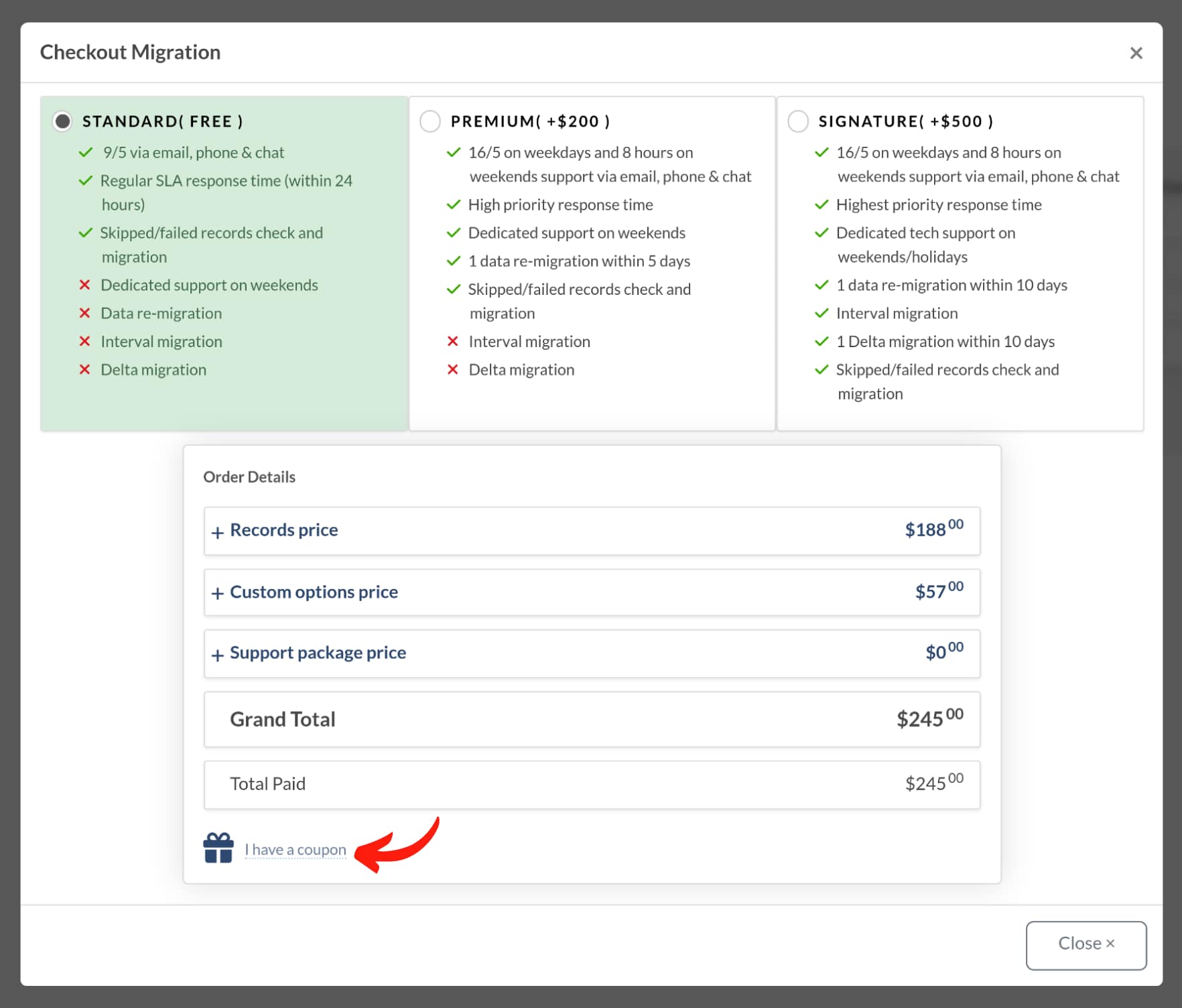 Ich habe eine Gutscheinoption - Migration Wizard