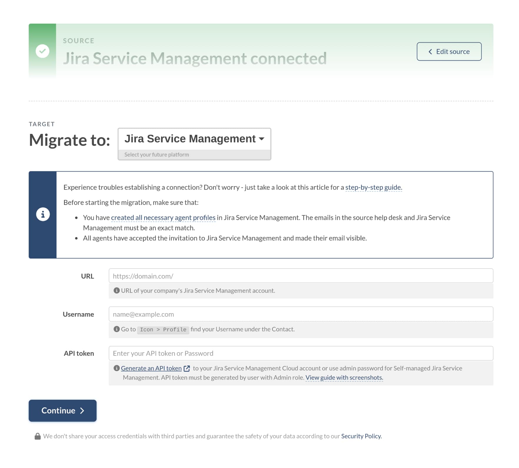 Paso de Jira Service Management de destino - Migration Wizard