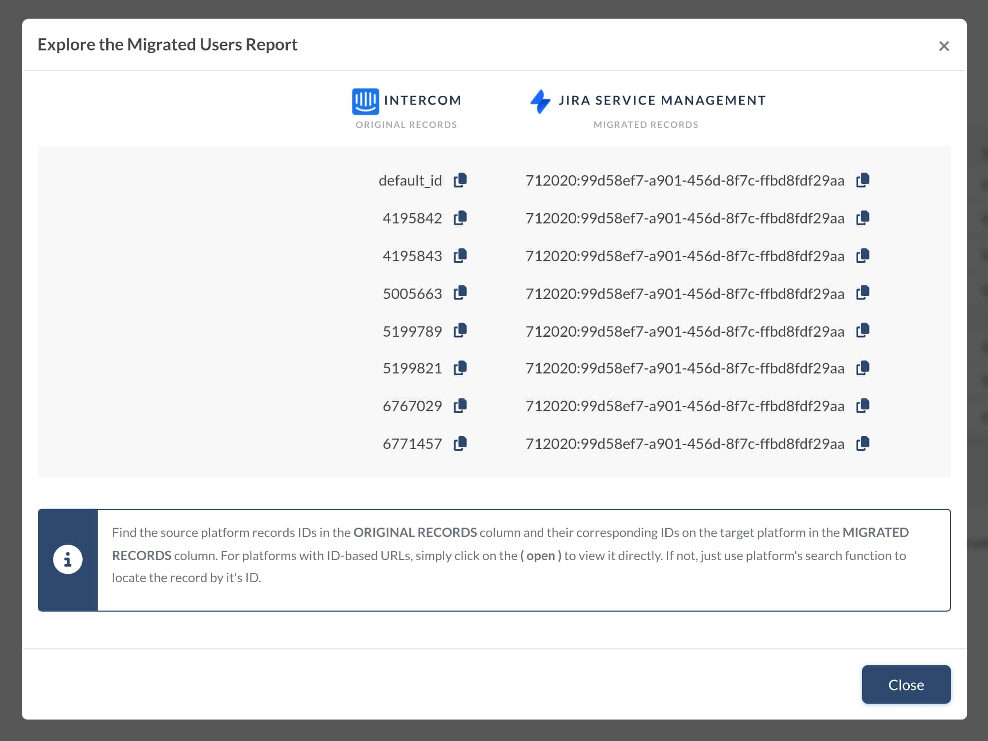 Informes de usuarios con IDs clicables - Migration Wizard