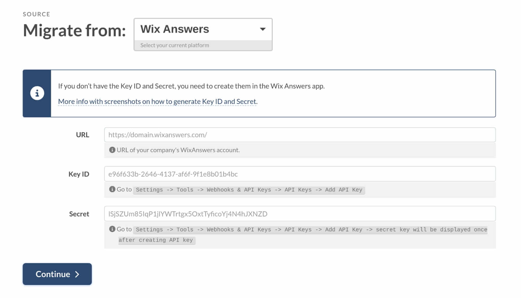 Migración de datos de Wix Answers