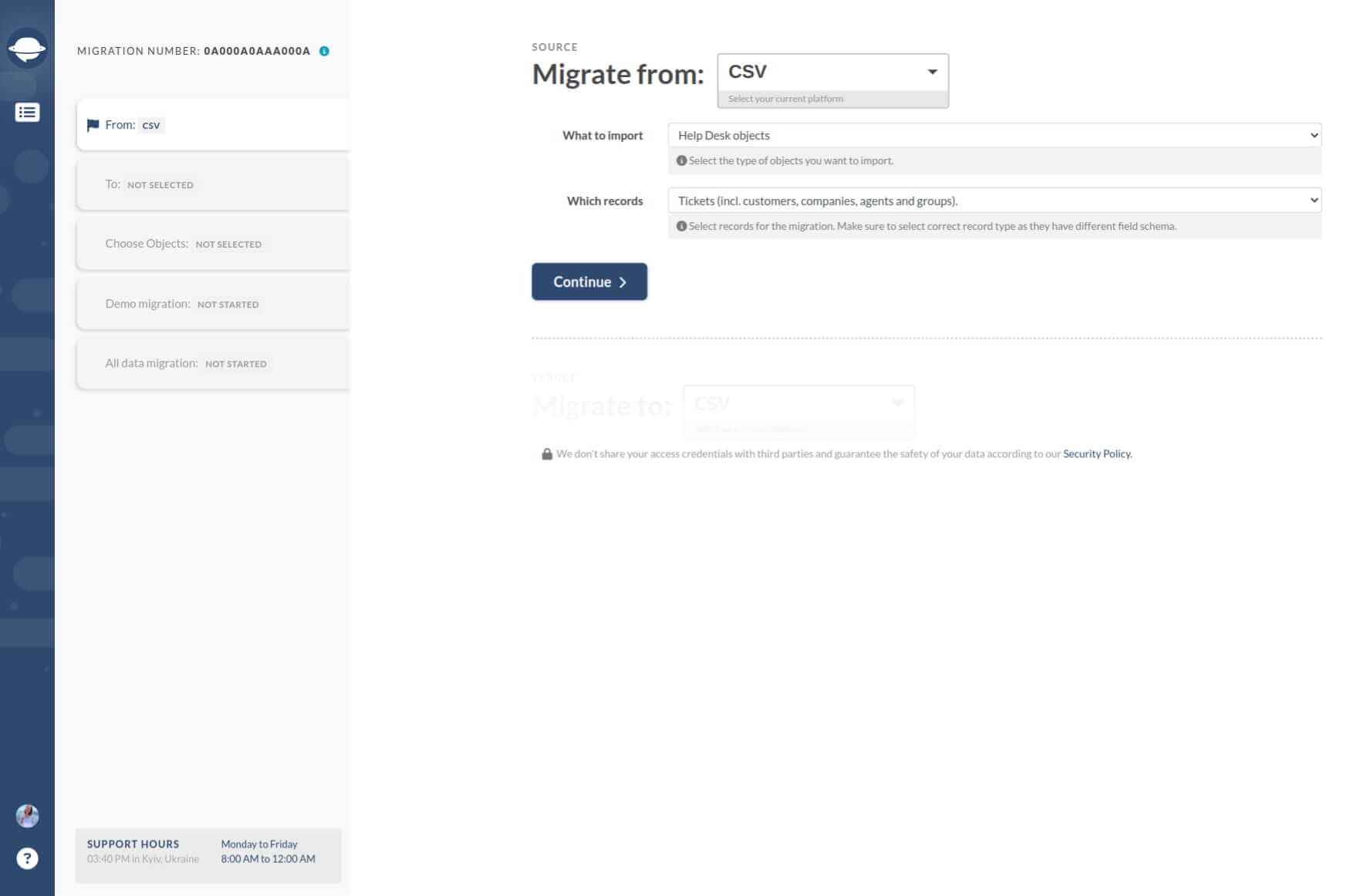 Seleccionar CSV como fuente - Migration Wizard