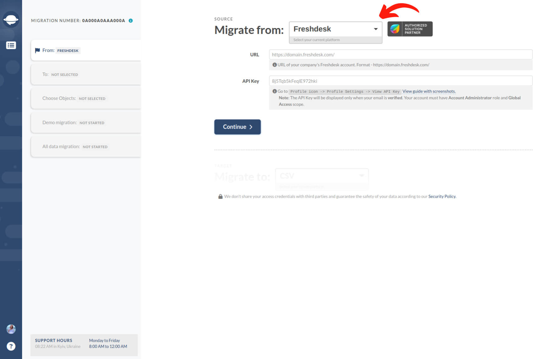 Seleccionar Freshdesk como fuente - Asistente de Migración