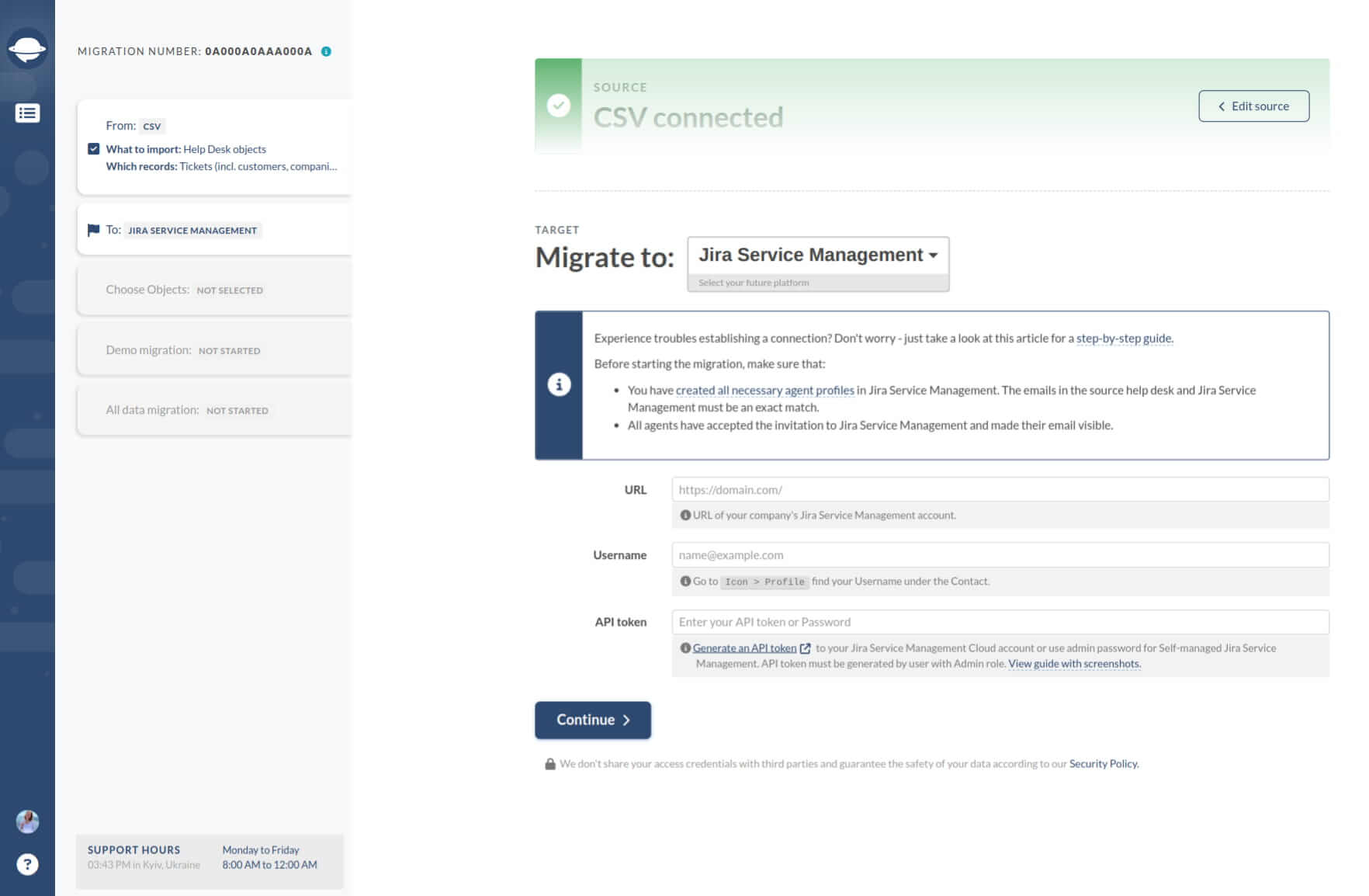 Jira Service Management como objetivo - Migration Wizard