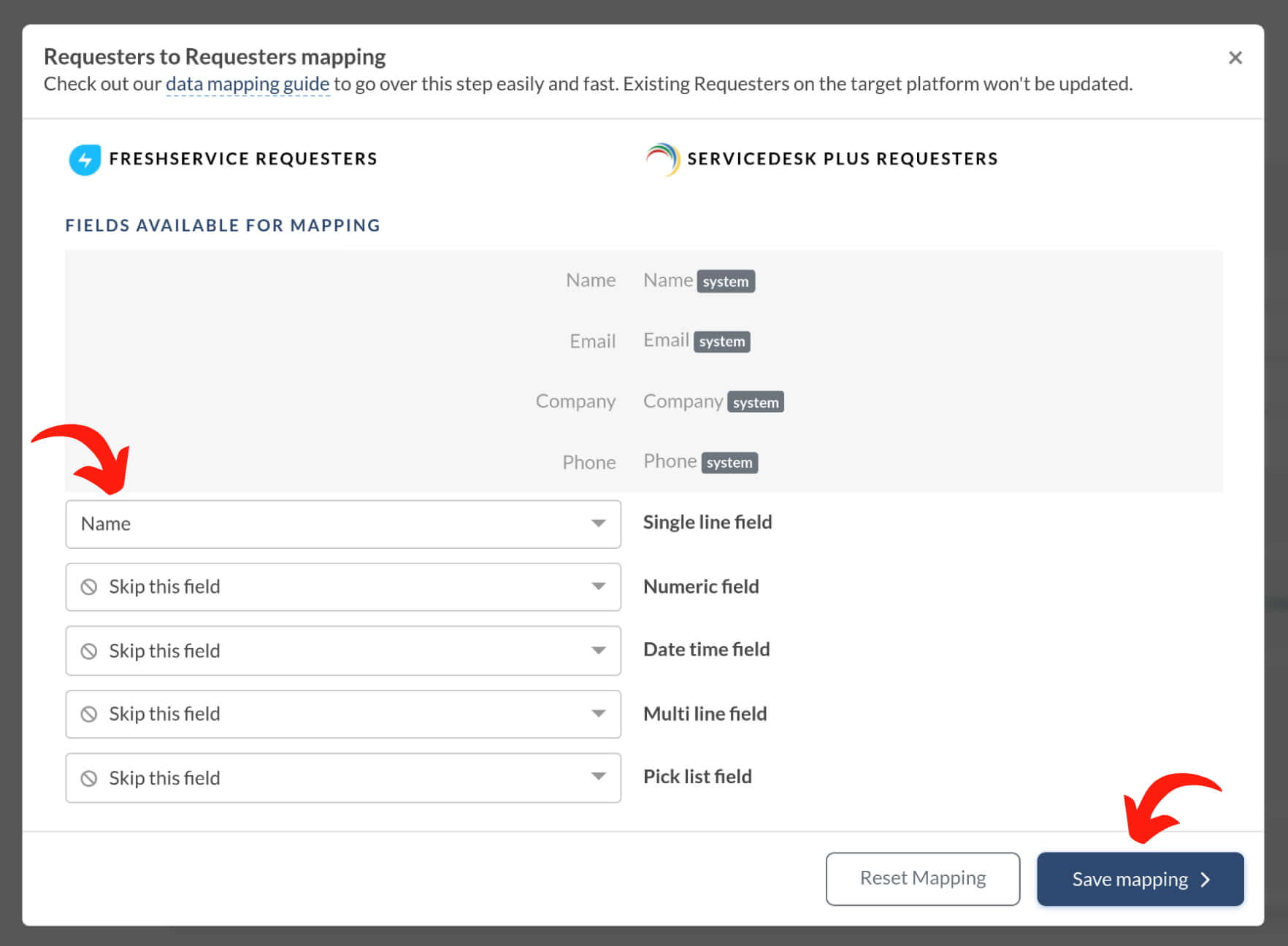 ServiceDesk Plus import - contacts mapping