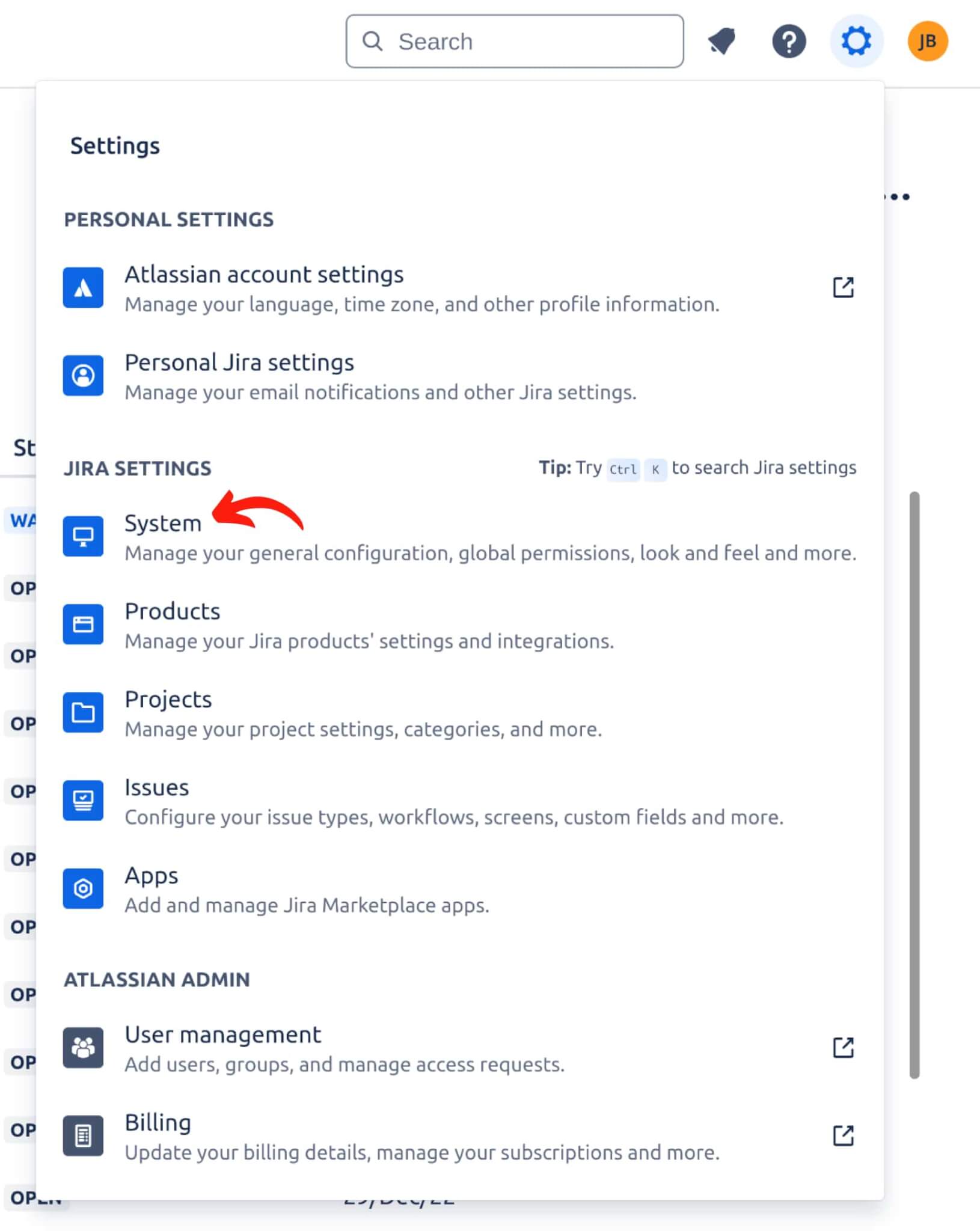 Access system settings - Jira Service Management