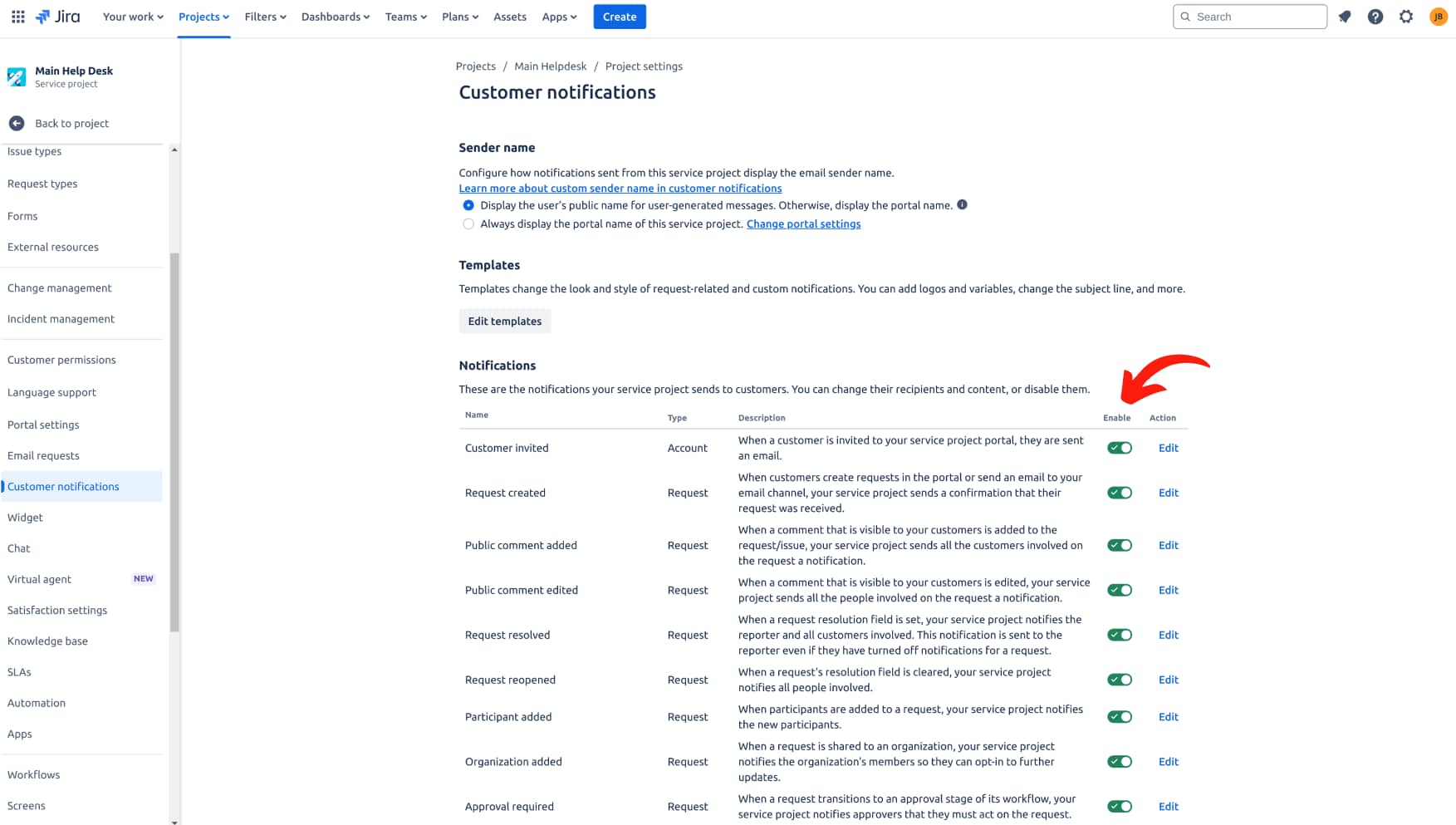 Disable customer notifications - Jira Service Management