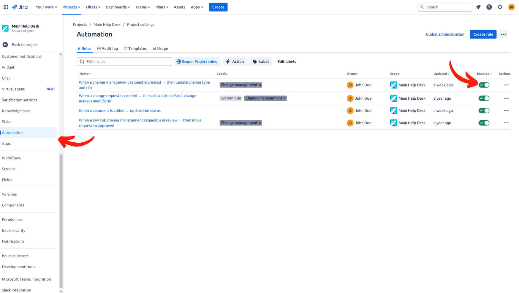 The automation rules are disabled - Jira Service Management