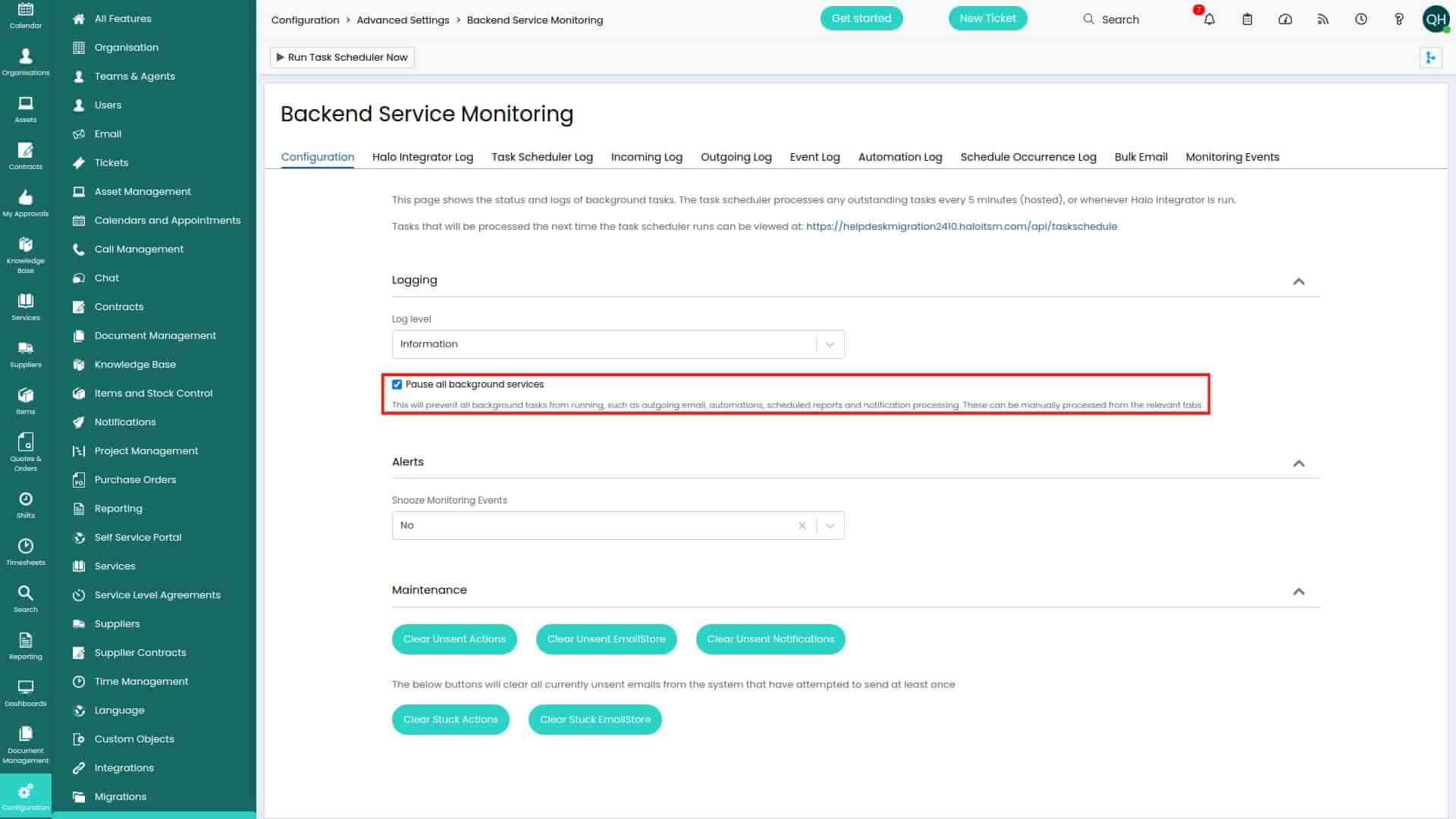 Halo ITSM - Pausieren von Hintergrunddiensten